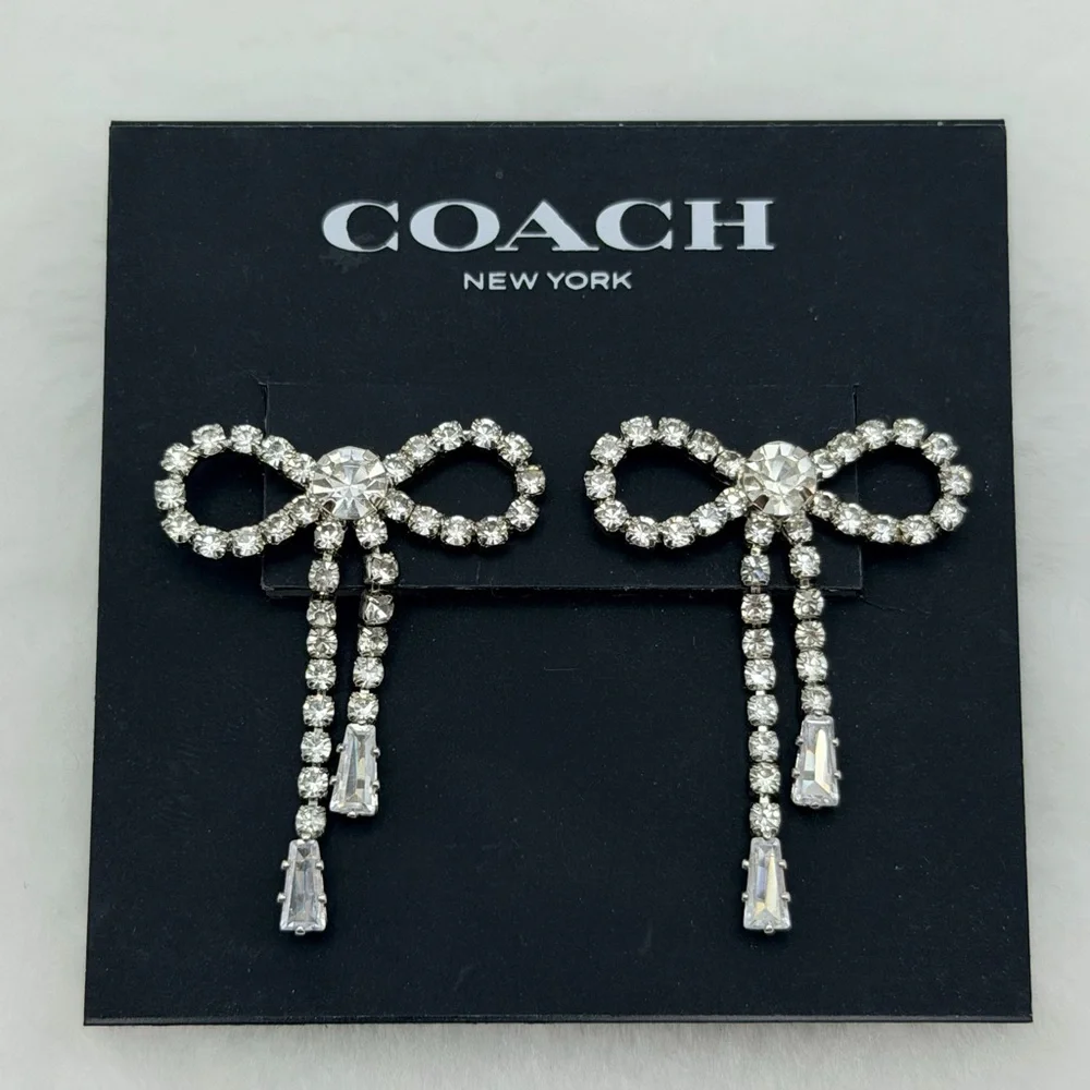 NWT Coach Crystal Pavé Bow Fringe Earrings – Clear Rhinestone Studs MSRP $118 - Picture 4 of 9